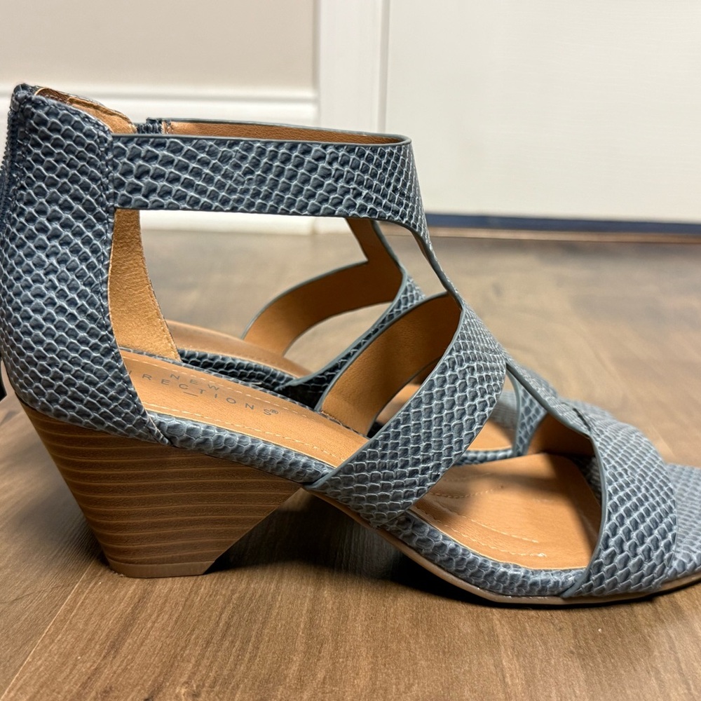 New Directions Blue and Brown Heels with Crisscross Straps